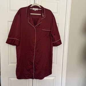 BED TO BRUNCH Embroidered Satin Boyfriend Sleep Shirt Button Up Red XL